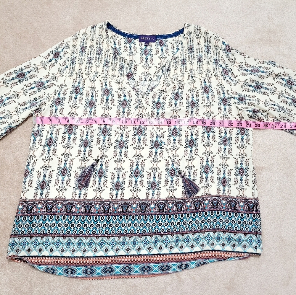 Artesia Floral Boho Blouse Tunic V-neck 3/4 Sleeve With Tassels Woman's Size XL - Picture 9 of 13